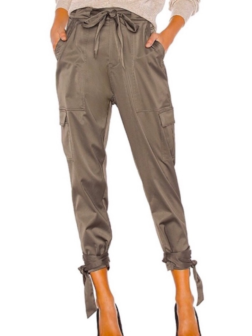 Joie Erlette Olive Green Satin Green Belted Cargo Pants w Ankle Ties Size 10